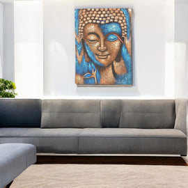 Buddha Painting - Bronze & Blue Flower 75x55cm