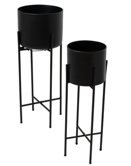 Set Of Two Matt Black Planters On Stand