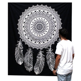 B&W Double Cotton Bedspread + Wall Hanging - Dreamcatcher