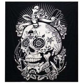 B&W Double Cotton Bedspread + Wall Hanging - Rose Skull