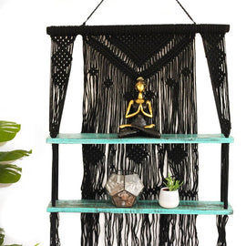 Black Macrame Hanging Shelves - Turquoise