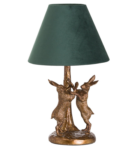 Antique Gold Marching Hares Lamp With Green Velvet Shade